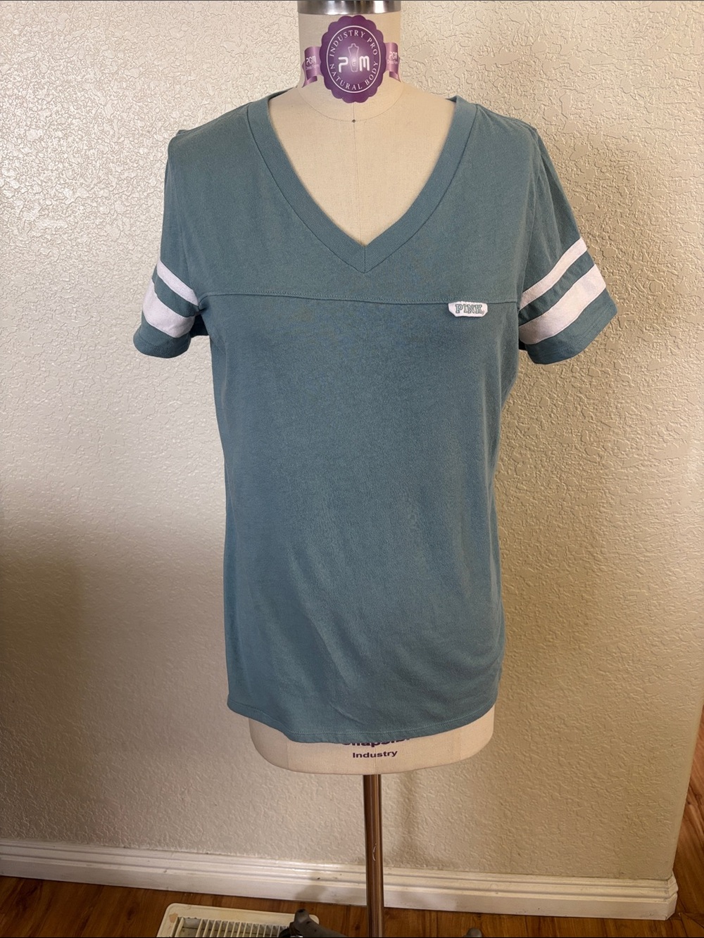 PINK Victoria's Secret Teal Short Sleeve Varsity Tee with White Stripes